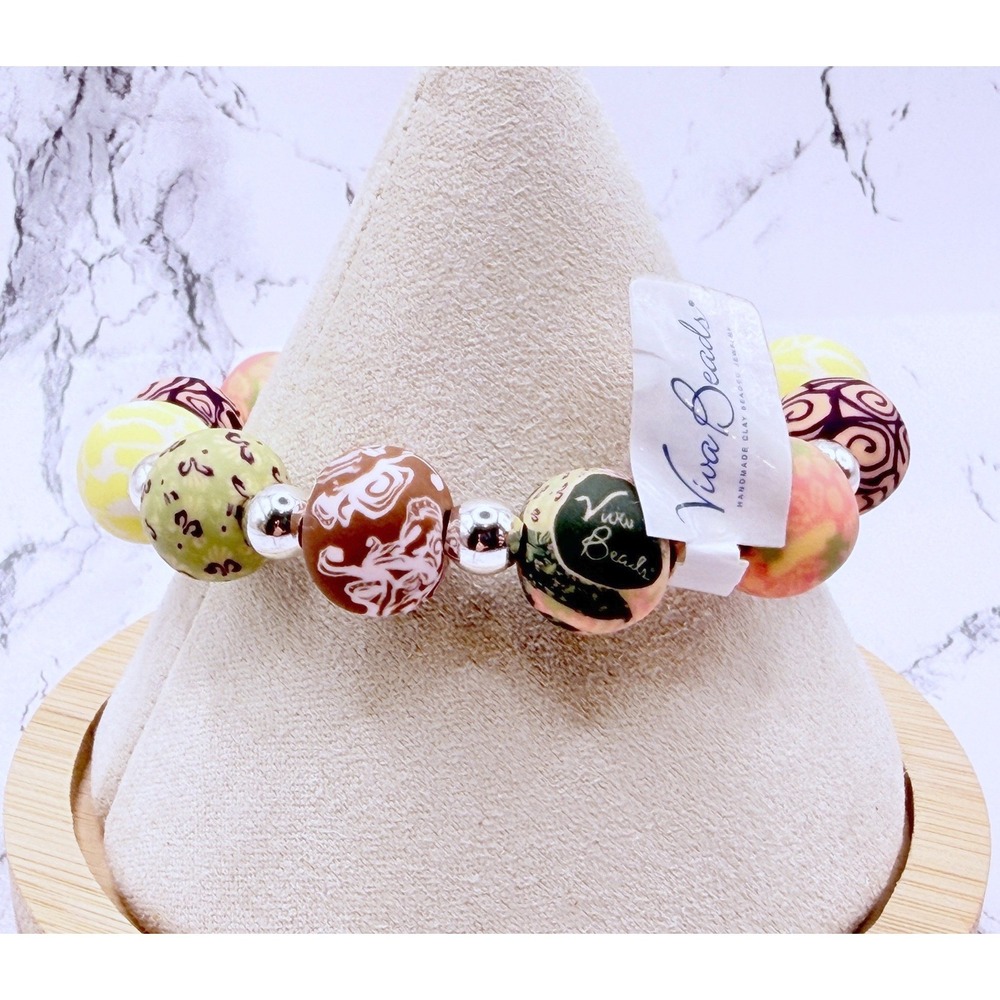 Viva Beads Polymer Clay Bracelet NWT 8" Stretch Multicolor Floral Beads